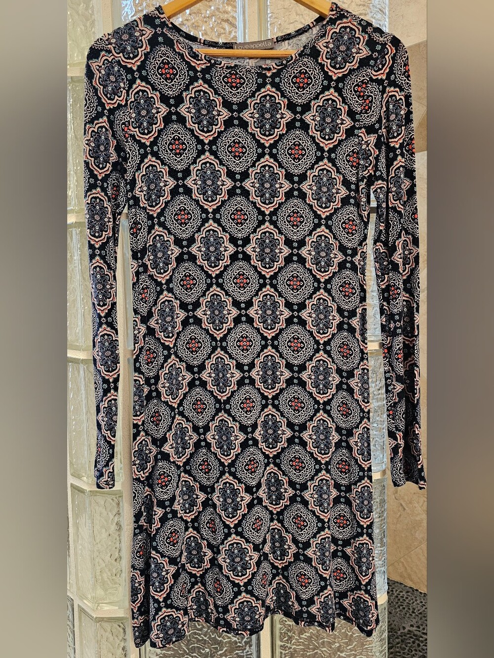 Loveappella Blue Dress with Pink & Cream Medallion Print, Long Sleeve